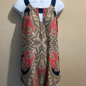 Tunic top, tan, navy, reddish, cream, paisley, sleeveless, handkerchief bottom,